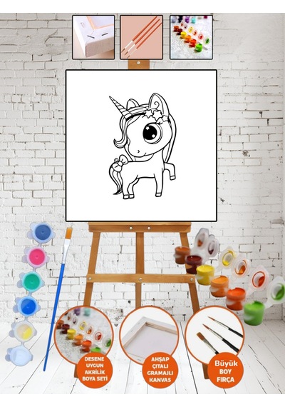 Sayılarla Kanvas Unicorn Büyük Boyama 25x35 Tuval Fırça Etkinlik Ve Hobi Çocuk Seti