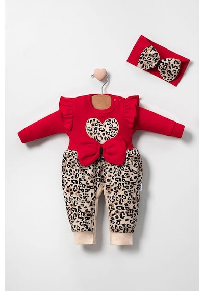 Babydonat Leopar Desenli Fiyonklu % 100 Pamuk Kız Bebek Tulumuuuuuuuuu Kırmızı