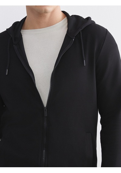 Lcwaıkıkı Basic Siyah Kapüşonlu Basic Erkek Fermuarlı Sweatshirt