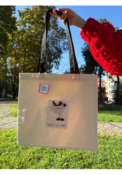 Bolergıashop Coffee Tasarım Canvas Omuz Çantası Bej Punch İşleme