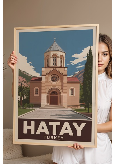 Hatay Tablo - Retro Travel Poster - Türkiye Şehir Serisi Duvar Dekoru - Çerçeve Şehir İllüstrasyonu Kayın