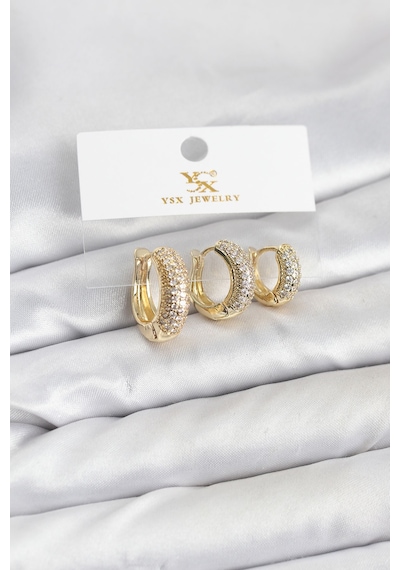Pirinç Gold Renk Zirkon Taşlı Halka Model Ysx Trio Küpe Seti Diğer