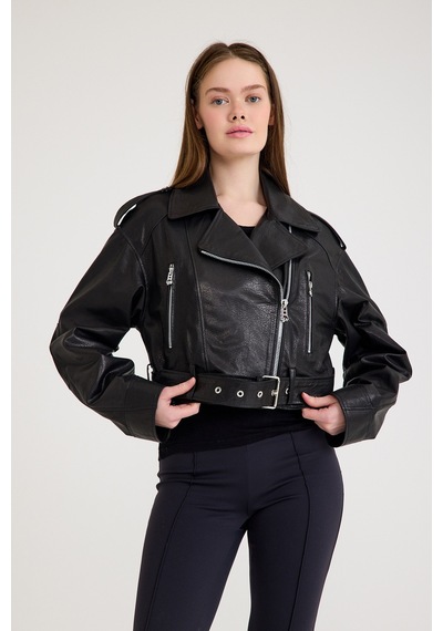 Fit Biker Kısa Bayan Deri Ceket Vb-17-bk-2426-23219 Siyah