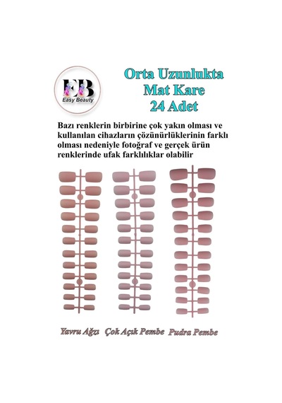 24 Adet Renkli Mat Orta Uzun Kare Takma Tırnak 722 Çok Açık Pembe