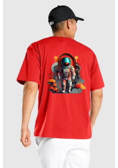 Astronot Yapay Zeka Yürüyüş Kırmızı Oversize Unisex Ön Ve Sırt Baskılı Tişört Kırmızı
