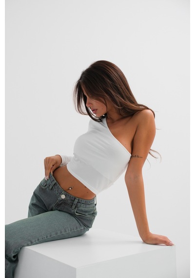 Ckm Moda Sage Yüksek Kalite Kadın Asimetrik Tek Omuz Crop Top Beyaz