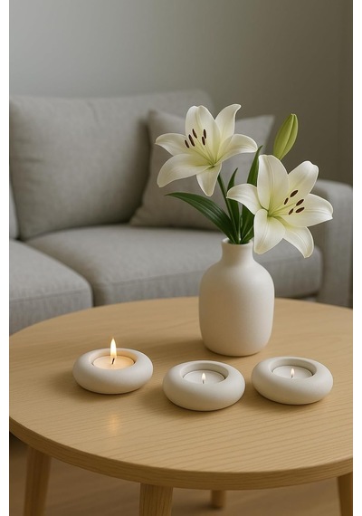 Dekoratif 3'lü Tealight Mumluk Seti Beton Görünümlü, Modern Tasarım Diğer