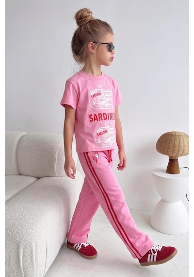 Monila Kız Çocuk Pamuklu Pembe Baskılı T-shirt Ve Eşofman Alt Üst Takım