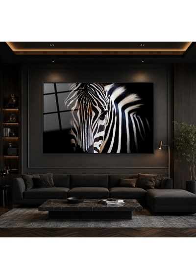 Karanlıkta Zebra Yakın Plan Siyah Çerçeveli Cam Tablo
