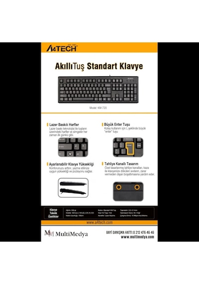 A4 Tech Km-720, Siyah, Usb Kablolu, Türkçe Q, Multimedya Klavye