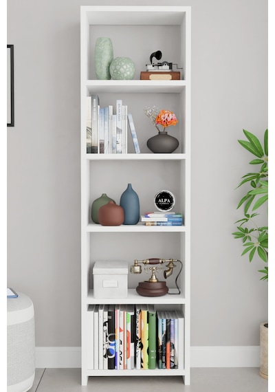 Alpaevmobilya Ahşap 5 Raflı 150 Cm Çok Amaçlı Açık Kitaplık Dekoratif Salon Rafı Düzenleyici Ve Organizer Beyaz