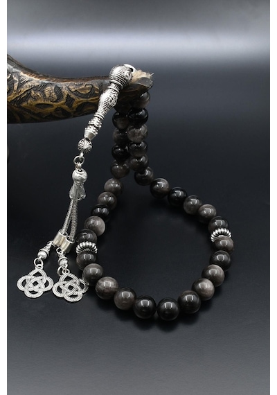 Doğal Obsidyen Taşlı 33'lük Tesbih Metal Püsküllü 10mm Küre Kesim 902513