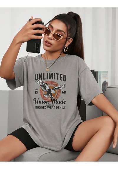 Unlimited Baskılı Oversize Beyaz T-shirt Gri