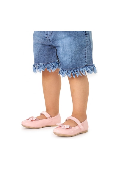 Kiko Kids Taşlı Cırtlı Kız Çocuk Fiyonklu Babet Ayakkabı Ege 204 Rugan Pudra