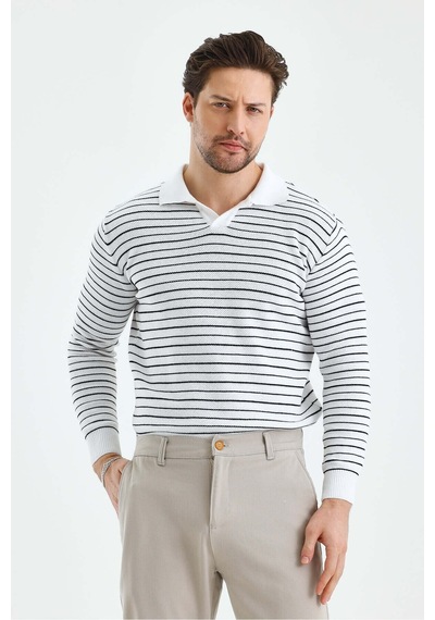 Cool Tarz Erkek Patlı Slim Fit Çizgi Detaylı Uzun Kollu Polo Yaka Triko Kazak Beyaz Beyaz