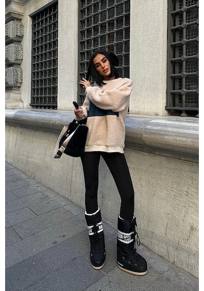 WeShaya Kadın Taş Polyester Bisiklet Yaka Uzun Kollu Sweatshirt Taş