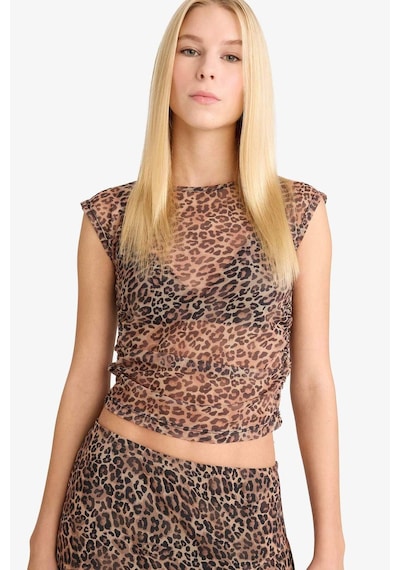 Defacto Coool Fitted Leopar Desenli Tül Kısa Kollu Tişört G1518ax25aubg362 Bej