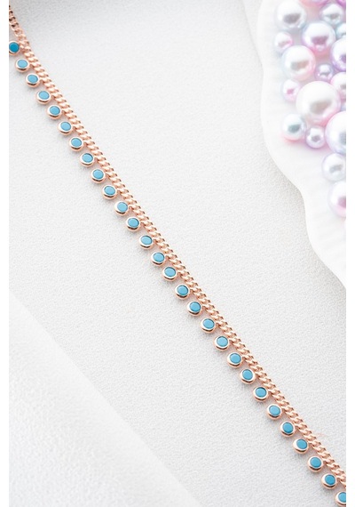 925 Ayar Gümüş Rose Kaplama Gurmet Zincirli Turkuaz Taşlı Halhal Rose Gold
