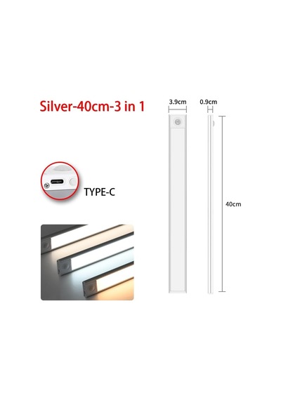 Akıllı Hareket Sensörlü 3 Işık Modlu Lamba Dolap Mutfak Işığı - 40 Led - 40 Cm Usbli-şarj Genel