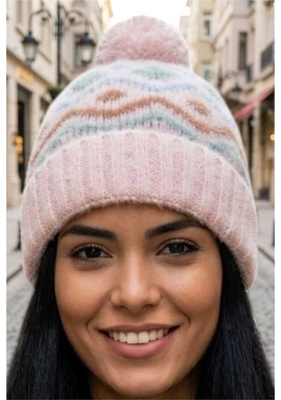 Uniquetrenders Kadın Ponponlu Katlamalı Desenli Örme Triko Kışlık Bere Pembe
