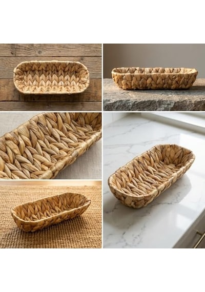 Hasır Oval Ekmek Sepeti Ve Çok Amaçlı Düzenleyici, 28x6 Cm Doğal Örme Sunum Tabağı, İnce Uzun Baget Ekmeklik, Genel