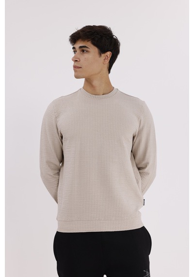 Rowinger Petek Yüzeyli Bisiklet Yaka Rahat Kalıp Lastik Manşetli Mevsimlik Sweatshirt Beıge