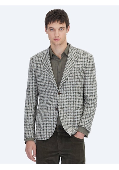 Kip Haki Desenli Modern Fit Yün Karışımlı Örme Ceket Haki