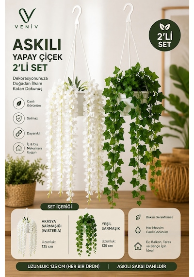 2 Li Askılı Yapay Çiçek Seti 135 Cm Akasya Sarmaşığı & Yeşil Sarmaşık Renkli