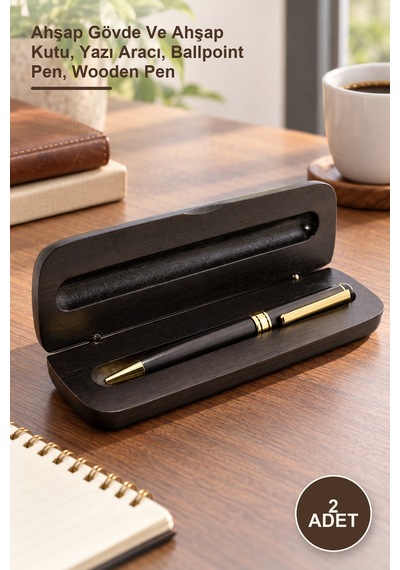 2 Adet Ahşap Kutulu Tükenmez Kalem Ahşap Gövde Ve Ahşap Kutu, Yazı Aracı, Ballpoint Pen, Wooden Pen