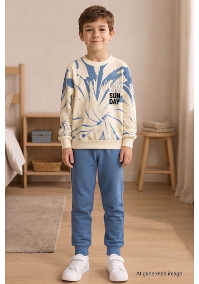 Pina Kids Erkek Çocuk Batik Desenli Okul Günlük Eşofman Takımı Esf7037 Mavi