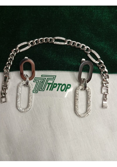 Tiptop/ Gümüş Renk Zirkon Taşlı Sallantılı Model Çelik Küpe -zincir Model Zirkon Taşlı Bileklik Gümüş