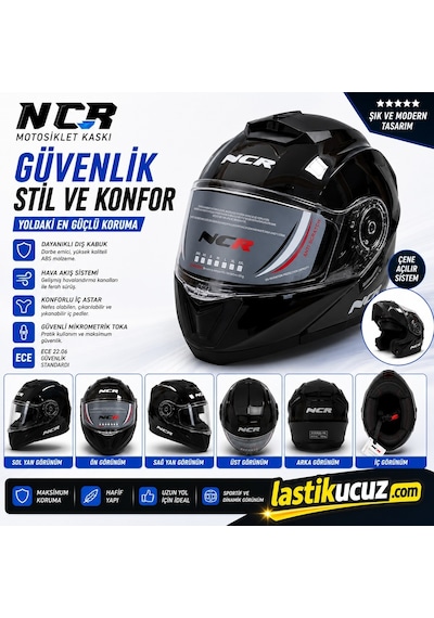 Ncr-160e Çene Açılır Gözlüklü E-ce Belgeli Kask Parlak Siyah