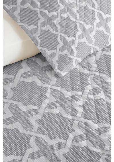 Gri Geometrik Tek Kişilik Dekoratif Pike Takımı - Beyaz İskandinav Motifli 160x220 Cm Yatak Örtüsü Kırçıllı Nehir Kabuğu