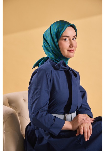 Silk Home Twill İpek Eşarp Ekose Yeşil Çok Renkli