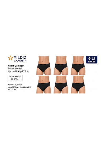 Yıldız Çamaşır Erkek Modal Likralı Kemerli Slip Külot 65-66-67 - 6 Adet Siyah