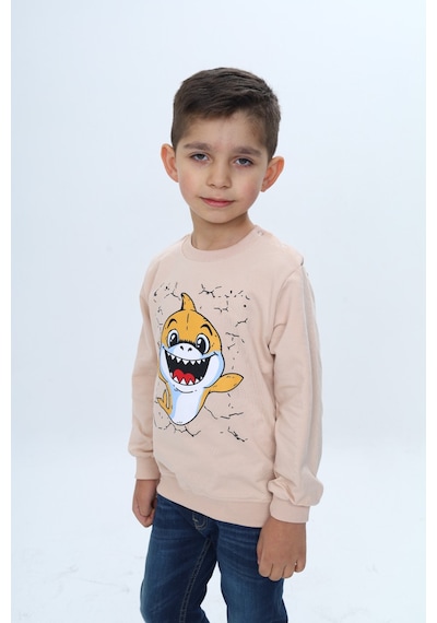 Toontoy Kids Toontoy Erkek Çocuk Çıtçıtlı Köpek Balığı Baskılı Sweatshirt Bej