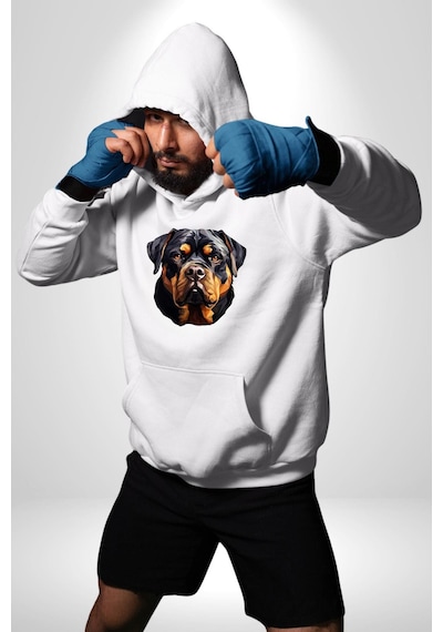 Rottweiler Kafası Kadın Erkek Beyaz Kapüşonlu Sweatshirt Hoodie Beyaz