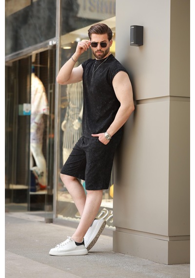 Madmext Siyah Basic Erkek Yırtık Detaylı Şort T-shirt Takım E7319