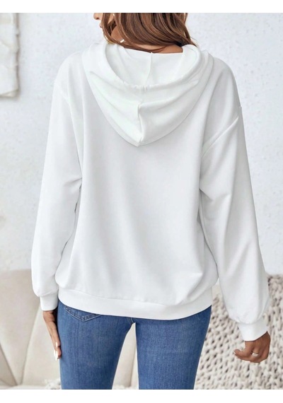 Startmore Coke Serisi Floral & Feather Print Drop Shoulder Drawstring Hoodie Beyaz