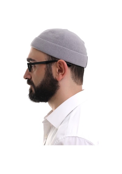 Açık Gri Katlamalı Sade Desen Kışlık Orlon Takke Şapka Gri