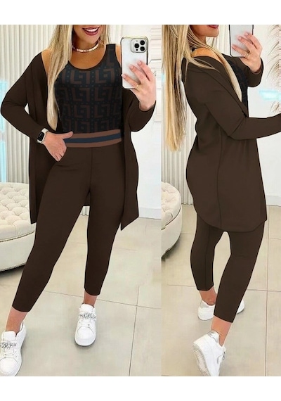 Defymoda Kadın Uzun Kollu Krep Üçlü Takım Kahve