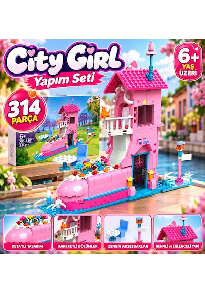 Şehir Ev Yapım Seti 314 Parça Detaylı Pembe Ev Tasarımı Yaratıcı Yapı Oyuncağı
