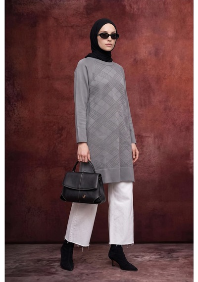 Armine Trend Geometrik Desenli Bisiklet Yaka Uzun Kollu Rahat Kesim Tunik Gri 26ktd411