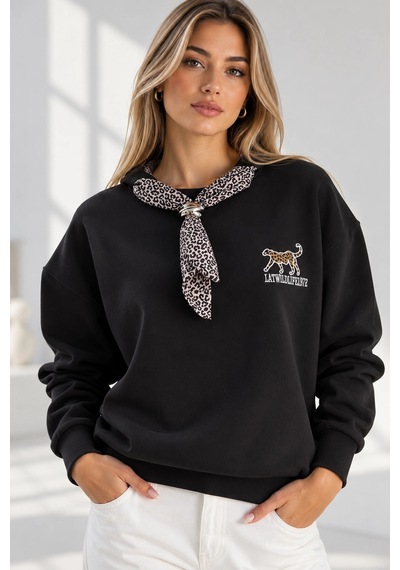 Mevese Bisiklet Yaka Nakışlı Kadın Sweatshirt - Üç İplik Şardonlu Oversize Şık Tasarım - Siyah