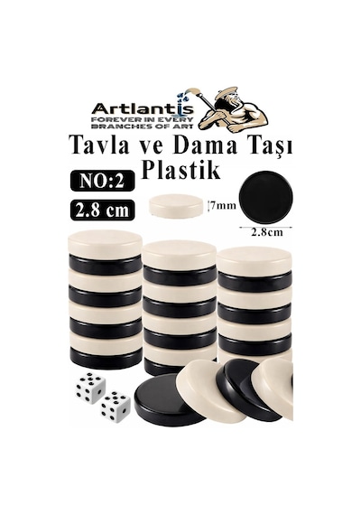 Tavla Pulu Küçük Boy No:2 1 Paket Tavla Ve Dama Taşı Plastik 2.8 Cm Zar Hediyeli Gri Siyah 28 Mm Oyun Pulu