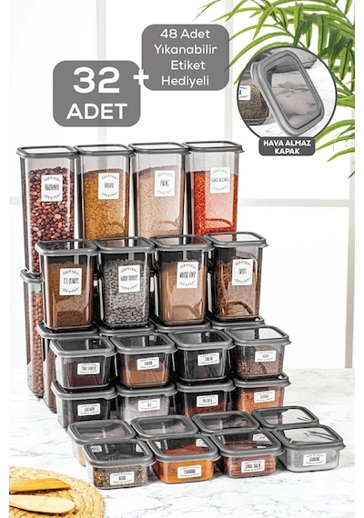 Meleni Home 32'li Etiketli Kapaklı Kare Erzak Saklama Kabı Seti 8x 0,3 Lt-0,5 Lt-1,1 Lt-1,7 Lt Baharatlık