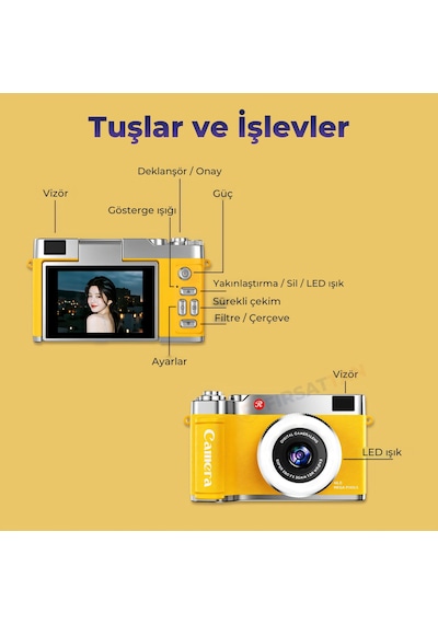 Retro Dijital Fotoğraf Makinesi 2k Video 40mp 2,4 İnç Flip Ekranlı Led Işıklı Selfie Vlog Kamerası