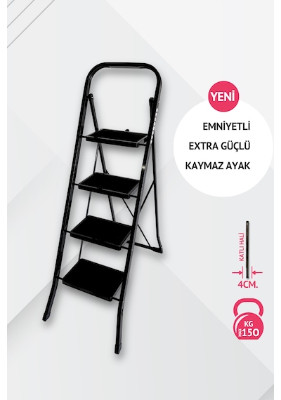 4 Basamaklı Siyah Çelik Merdiven - Ekstra Güçlü Gövde - Kalın Profil