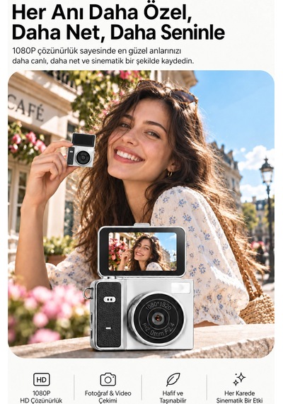 Mimtec Blm-109 Retro Mini Dijital Kamera 1080p Hd Katlanabilir Ekran Flaşlı Selfie Vlog Video Kamerası Siyah