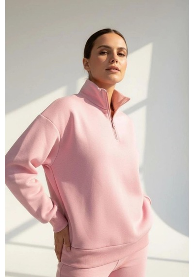 Rovebella Amore Fermuar Detaylı Dik Yaka Sweatshirt Somon